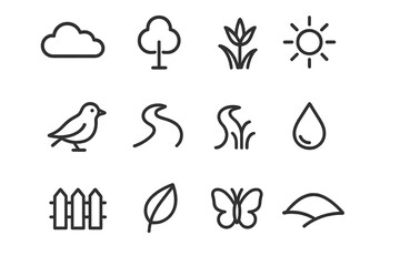 Fototapeta premium Peaceful Meadow Icons. Peaceful Meadow. Line icon set of Peaceful Meadow: cloud, tree, flower, grass, bird, path, sun, droplet, fence, leaf, butterfly, hill.