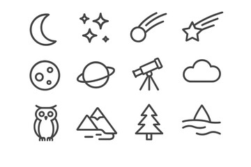 Fototapeta premium Nighttime Icon Set. Nighttime scenery. Line icon set of Nighttime scenery: crescent moon, stars, comet, shooting star, full moon, planet, telescope, cloud,