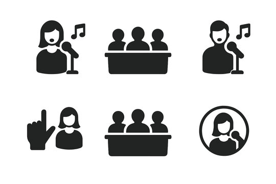 Singer Audition Icons. Auditions and casting calls for singers. Icon set. Set Logo of Jury Panel: Judges listening. Negative space, Minimal outline,