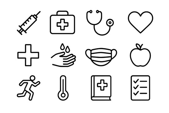 Preventive Measures Icons. Preventive measures. Line icon set of Preventive measures: syringe, first aid kit, stethoscope, heart, medical cross, hand washing,