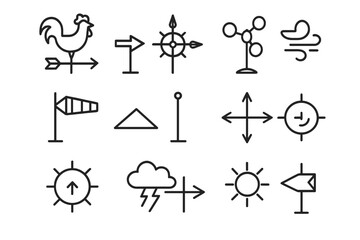 Weather Vane Icons. Weather vanes. Line icon set of weather vanes: rooster vane, arrow vane, compass rose, cup anemometer, wind sock, roof ridge, mounting