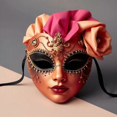 Intricately designed masquerade mask with elegant embellishments and rose against a soft background
