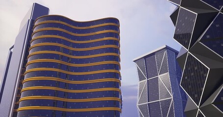 Sleek towers stand tall against a cloudy sky showcasing innovative architecture and vibrant colors. The buildings feature distinct curves and geometric patterns, highlighting contemporary design.