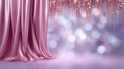 Pink satin curtain with rose gold glitter and pastel bokeh background for festive, fashion or luxury design