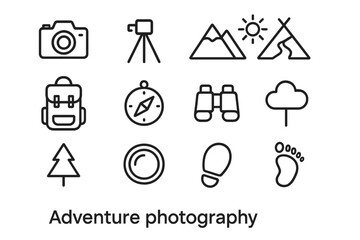 Adventure Photography Icons. Adventure photography. Line icon set of adventure photography: camera, tripod, mountain, sun, river, backpack, compass,