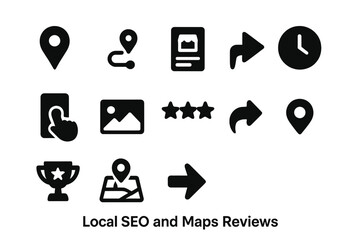 Local SEO Icons. Local SEO and Maps Reviews. Solid icon set of Local SEO and Maps Reviews: map pin, route path, business listing card, opening hours, phone