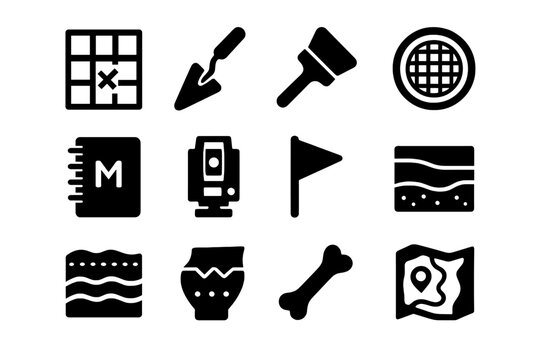 Archaeology Tools Icons. Archaeology Mound Site. Solid icon set of Archaeology Mound Site: survey grid, trowel, brush, sieve, field notebook, total station,