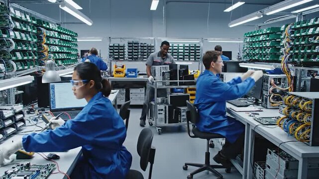 Diverse team of technicians and engineers assemble and test electronic components in modern clean room laboratory