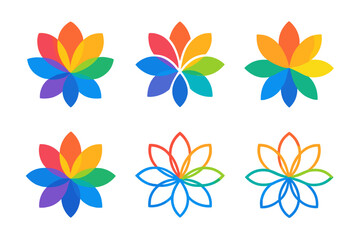 Colorful Flower Icons. Vibrant colors. Icon set. Set Logo of vibrant colors: abstract flower made of rainbow petals. harmonious logo variations of the same
