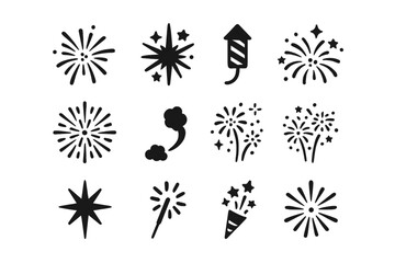 Colorful Fireworks Icons. Colorful fireworks. Solid icon set of Colorful fireworks: exploding firework, spark burst, rocket, star sparkle, round explosion,