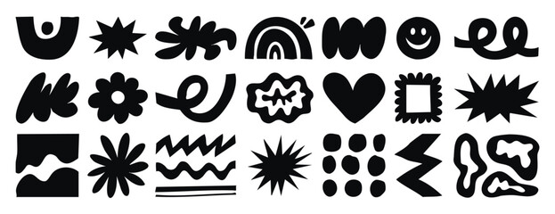 Fototapeta premium Abstract doodle elements with spirals, plants and wavy lines in naive style. Monochrome line art, hand drawn.