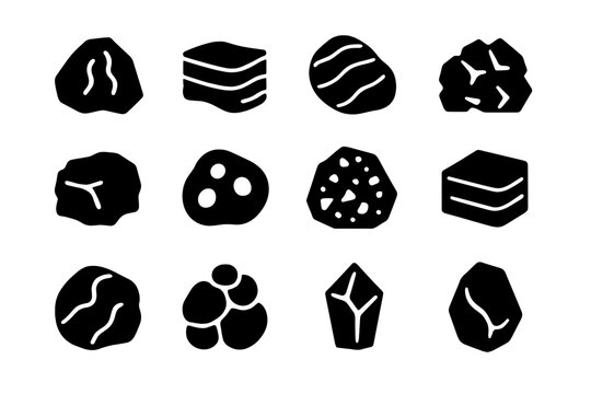 Rock Types Icon Grid. Types of rocks. Solid icon set of Types of rocks: igneous rock, sedimentary rock, metamorphic rock, basalt, sandstone, limestone,