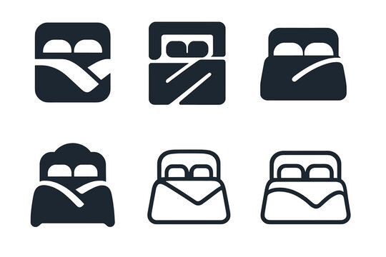 Bedroom Linen Logos. Transforming a bedroom with new linens. Icon set. Set Logo of transforming a bedroom with new linens: cozy refreshed bedroom. harmonious