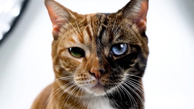 Domestic cat face close up with heterochromia eyes and distinctive fur color pattern