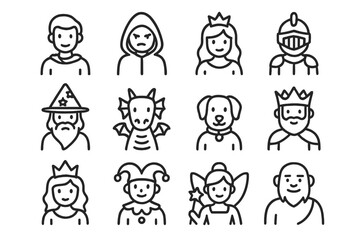Story Character Icons. Story characters. Line icon set of story characters: hero, villain, princess, knight, wizard, dragon, animal companion, king, queen,