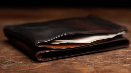 Dark Leather Wallet Resting on a Rustic Wooden Surface With Visible Content Inside