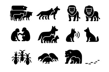 Naklejka premium Black Social Animal Icons. Social Animals. Solid icon set of Social Animals: herd, pack, pride, colony, grooming pair, leader icon, communication sound,