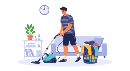 Young man vacuuming living room, cleaning with modern equipment, creating tidy comfortable space