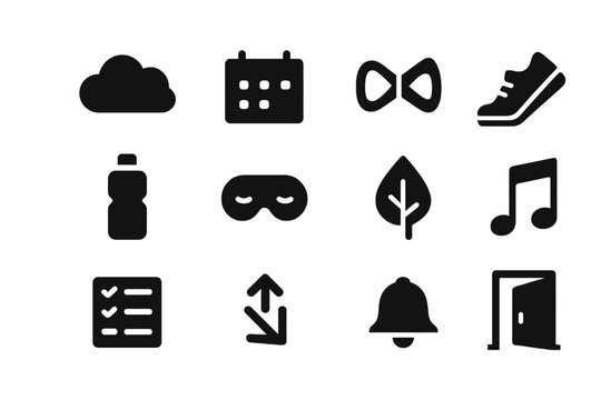 Stress Management Icons. Stress Management. Solid icon set of Stress Management: relax cloud, time block, stretch band, walk shoe, hydrate bottle, sleep mask,