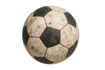 Old dirty soccer ball with classic black and white panel pattern showing wear and tear, isolated on transparent background