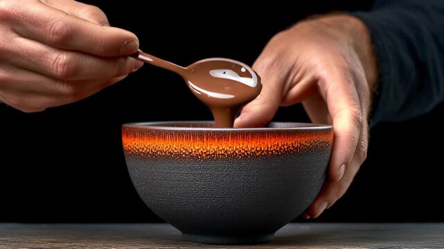 Person is holding a spoon in a bowl of chocolate sauce. The bowl is black and the sauce is brown. The person is likely preparing to eat the chocolate sauce or is about to serve it to someone else