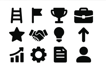 Career Icons Set. Career development. Solid icon set of Career development: briefcase, mentor, growth arrow, checklist, calendar, stairs, graduation cap,