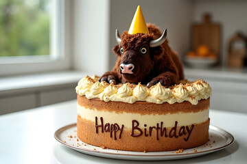 Happy Birthday Funny Buffalo on Cake with Party Hat
