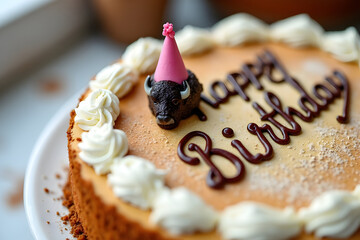 Happy Birthday Funny Cake Top View with Buffalo Figurine
