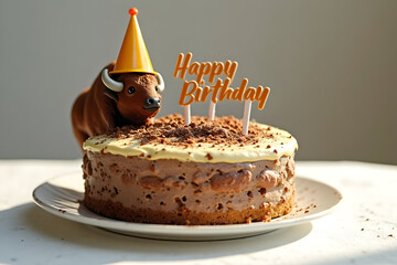Happy Birthday Funny Buffalo Statue Standing Beside Cake
