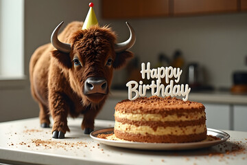 Happy Birthday Funny Buffalo Standing by Two Layer Cake