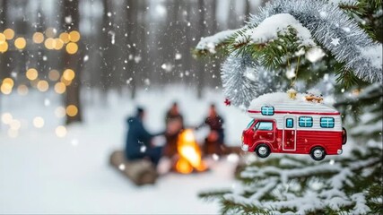 Snowing winter scene with camper van Christmas ornament in a winter landscape. Snowing Christmas winter scene with happy friends around campfire and red camper van tree ornament. - Powered by Adobe