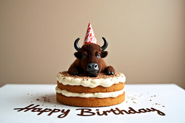 Happy Birthday Funny Buffalo Poking from Cream Cake