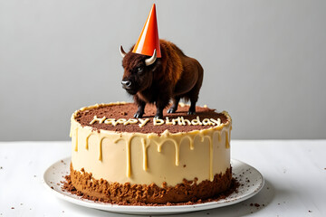 Happy Birthday Funny Buffalo Figurine on Yellow Drip Cake