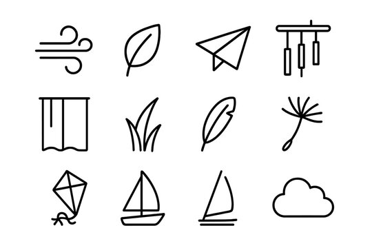 Gentle Breezes Icons. Gentle breezes. Line icon set of gentle breezes: wind swirl, leaf, paper plane, wind chime, curtain, grass blade, feather, pinwheel,
