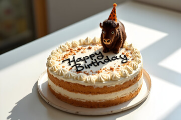 Happy Birthday Funny Buffalo with Chocolate Frosted Cake