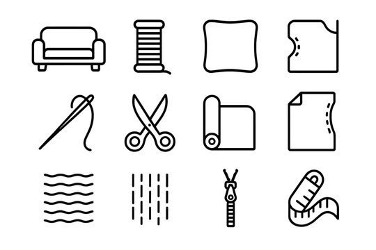 Sofa Upholstery Icons. Sofa upholstery. Line icon set of sofa upholstery: sofa, thread, cushion, button, needle, scissors, fabric roll, pattern, measuring