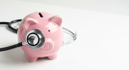 using stethoscope to examine a piggy bank, symbolizing the savings in medical care and financial health.