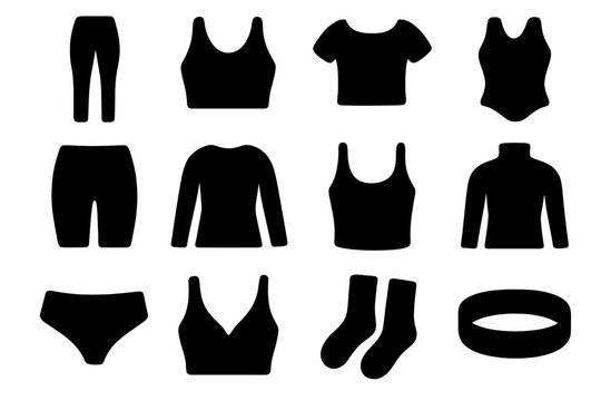 Seamless Clothing Icons. Seamless Clothing. Solid icon set of Seamless Clothing: leggings, sports bra, crop top, bodysuit, biker shorts, long sleeve top, tank