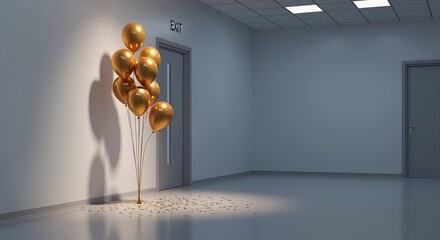 Golden balloons by exit door in empty office corridor. Farewell party and retirement celebration. End of era, leaving job, and new beginnings