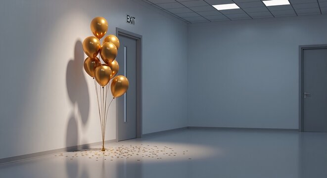Golden balloons by exit door in empty office corridor. Farewell party and retirement celebration. End of era, leaving job, and new beginnings