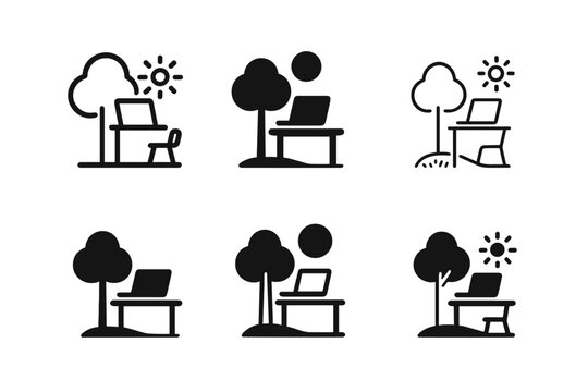 Work Anywhere Icons. Work from anywhere. Icon set. Set Logo of Work from anywhere: Travel and work icon. harmonious logo variations of the same emblematic