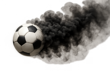 Soccer ball flying with a trail of dark smoke representing speed, power, and dynamic action, transparent background