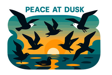 Obraz premium Seagulls at Sunset. Seagulls ? Sunset silhouettes. Flock turns into golden shapes as the sky divides into calm gradients; reflections form crisp ellipses on