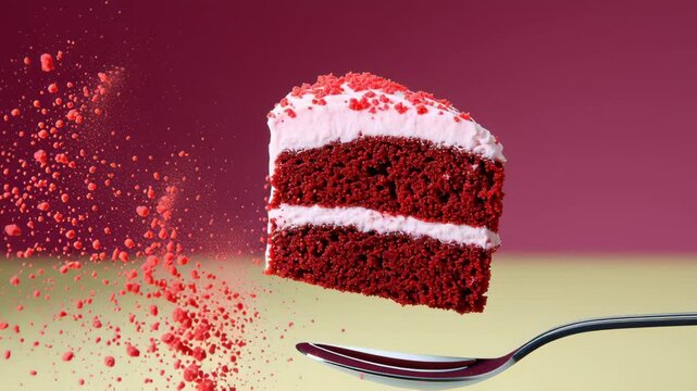 Slice of red velvet cake is on a fork. The cake is cut in half and has a red frosting
