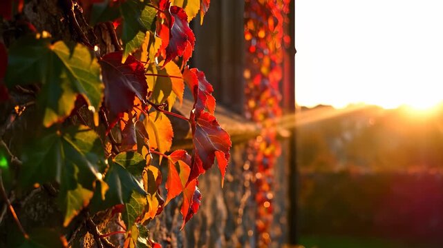 Vibrant red and green leaves cover a stone wall as the warm sunlight filters through them, creating a beautiful pattern. The leaves reflect the golden light, enhancing the cozy atm