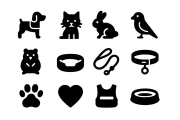 Therapy Pet Icons. Therapy Pets. Solid icon set of Therapy Pets: dog, cat, rabbit, bird, hamster, pet bed, leash, collar, paw print, heart symbol, therapy