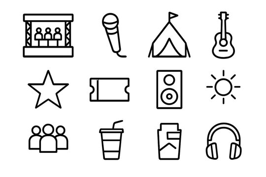 Music Festival Icons. Music festival. Solid icon set of music festival: guitar, microphone, speaker, crowd, music note, stage, lights, tent, drink, ticket,