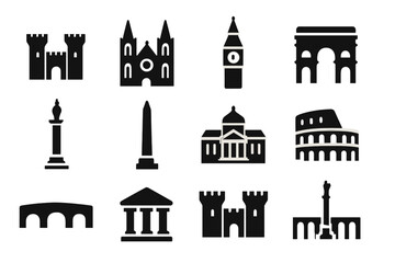 Historic Landmarks Icons. Historic landmarks. Solid icon set of Historic landmarks: castle, cathedral, clock tower, ancient gate, monument, obelisk, palace,