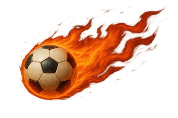 Fototapeta premium Soccer ball flaming through air, showcasing fiery speed, power, energy, and dynamic motion on transparent background