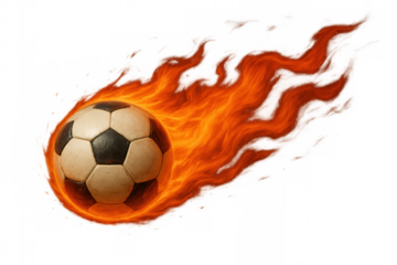 Soccer ball flaming through air, showcasing fiery speed, power, energy, and dynamic motion on transparent background